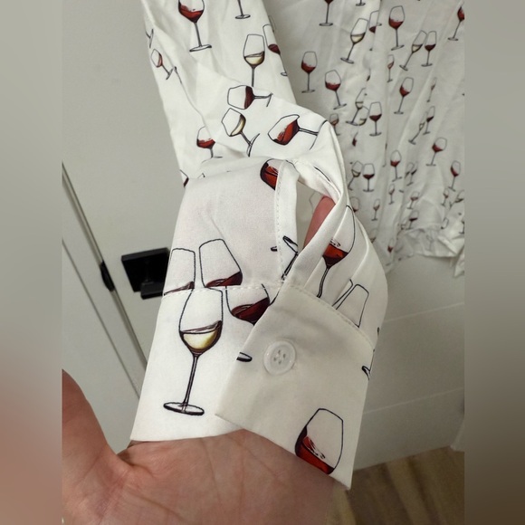 White Wine Glass Print Ladies button up blouse shirt - Picture 5 of 5